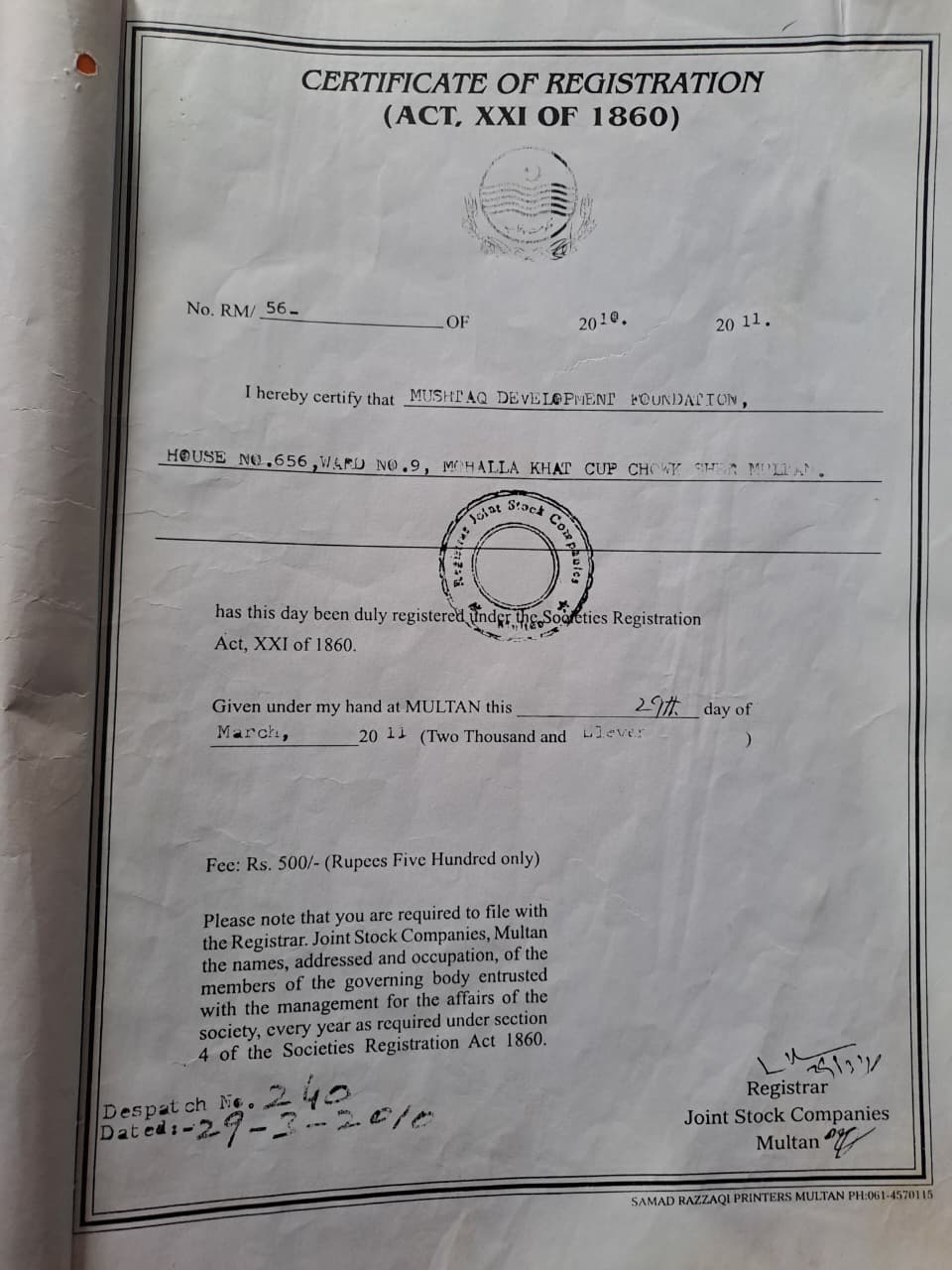 MDF Registration Letter — Societies Act